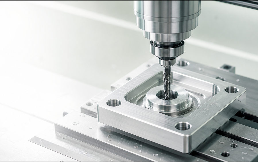 CNC-freespindel die een aluminium onderdeel bewerkt